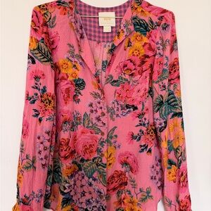 Anthropologie Pink Floral V-Neck Long Sleeve Blouse